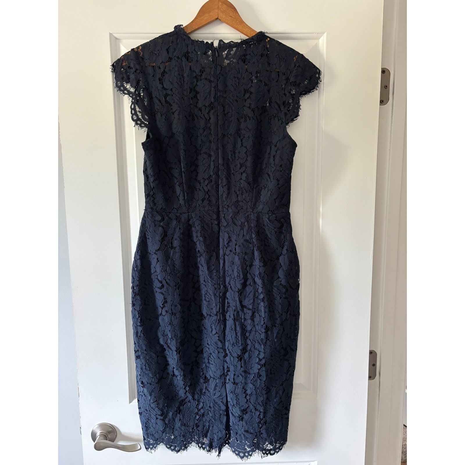 Merokeety Lace Cocktail Dress Womens Medium Navy Blue Floral Cap Sleeve Wedding