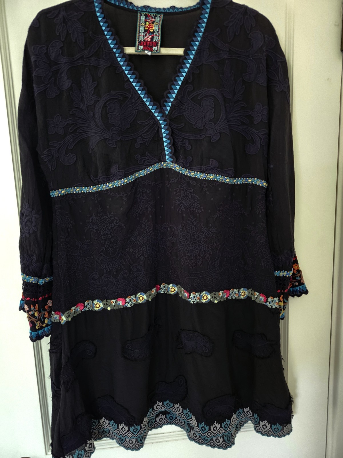 JOHNNY WAS Embroidered Tiered Tunic Dress Size Small Loose Fit