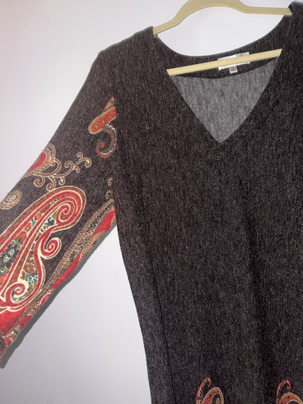 Papillon Midi Sweater Dress Gray With Paisley Design 3/4 Sleeve Pullover XL