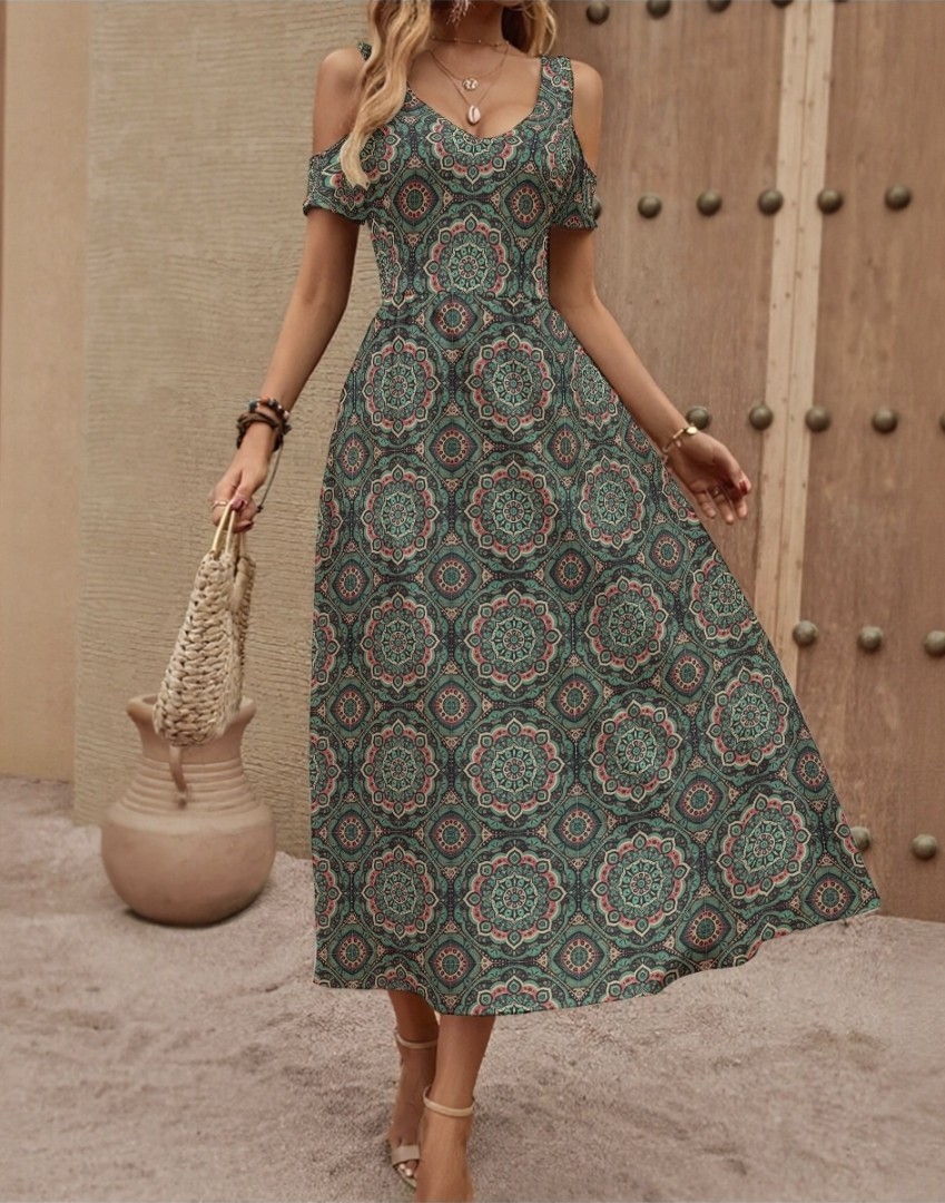Green Geometric A-Line Midi Dress Off Shoulder Short Sleeve Round Neck L