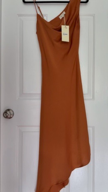Moi Toi One Shoulder Draped Midi Dress Copper Asymmetrical Hem NWT Size M