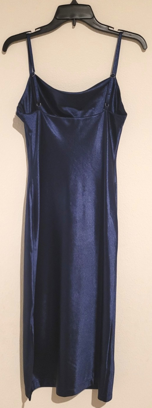 Women’s Navy Blue Satin Slip Dress Spaghetti Straps Midi Formal Party Size S