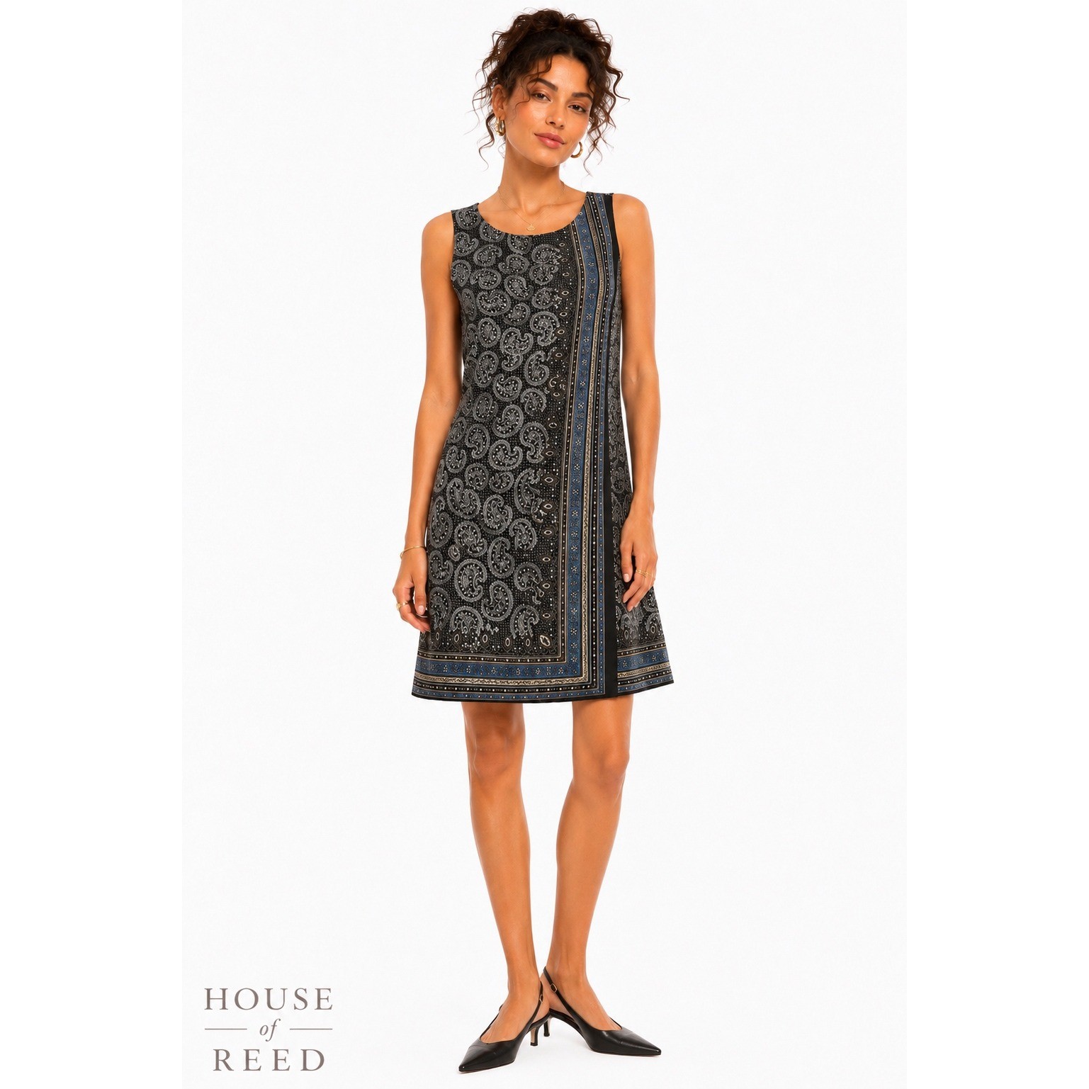 Max Studio Womens Paisley Shift Dress Black Blue Sleeveless Knee Length XS NEW