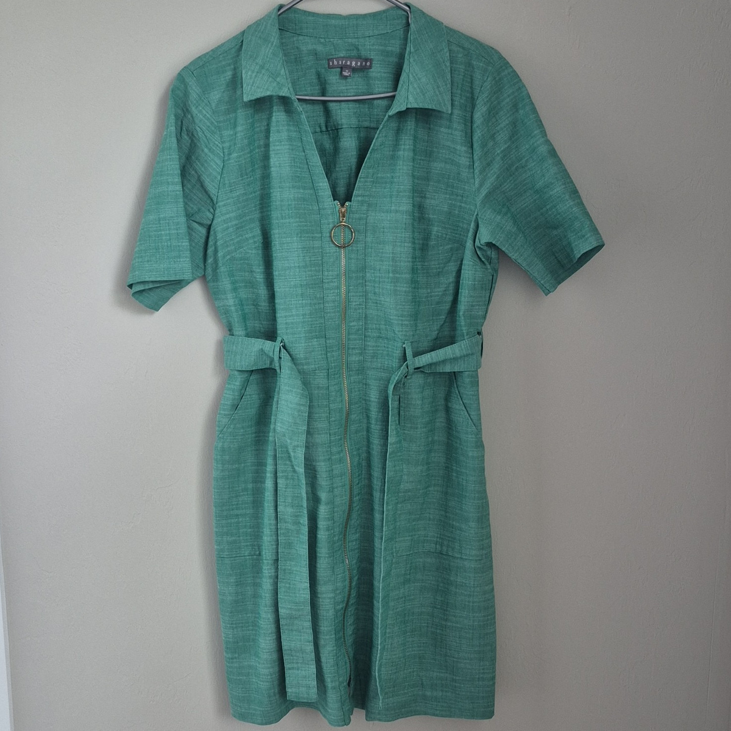 Sharagano Women’s Green Silk Jacket Dress Collared Zip Front Belted Size 14