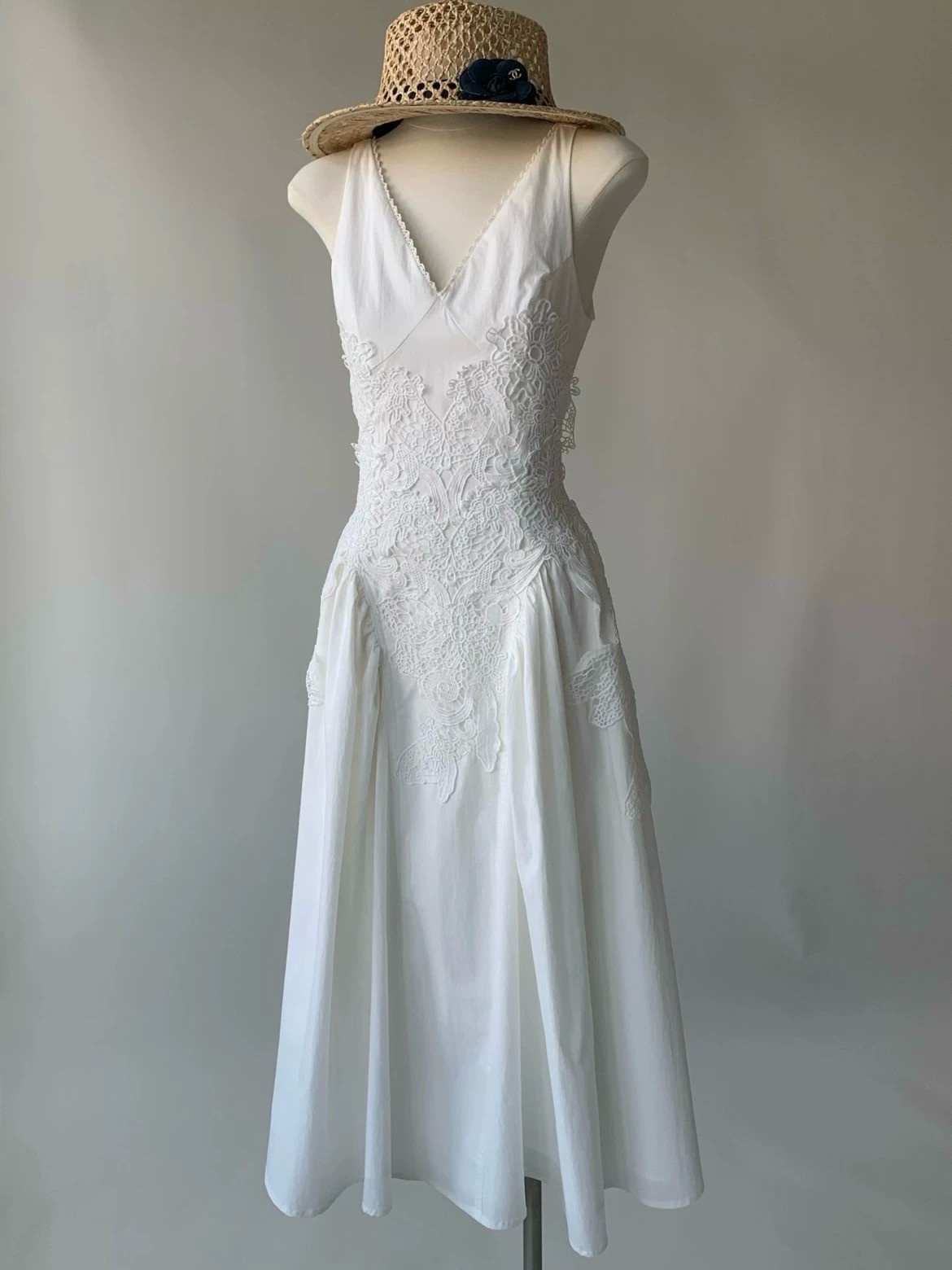 Vintage White Lace Midi Dress Cottagecore Romantic Sundress S