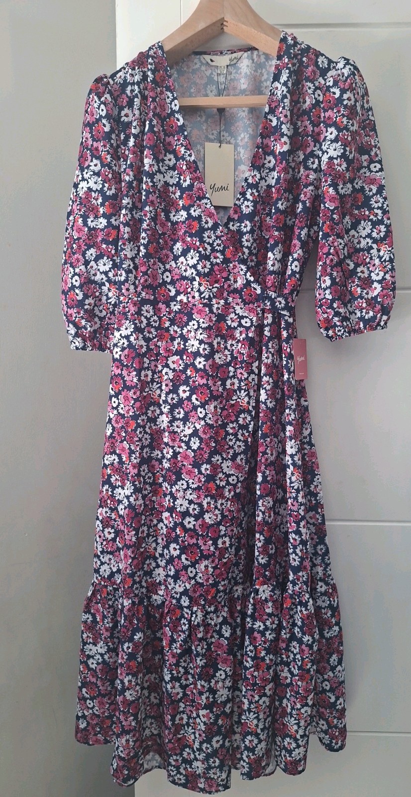 Yumi Daisy Wrap Maxi Dress UK Size 12 Navy Pink Red Floral Half Sleeve New Tags