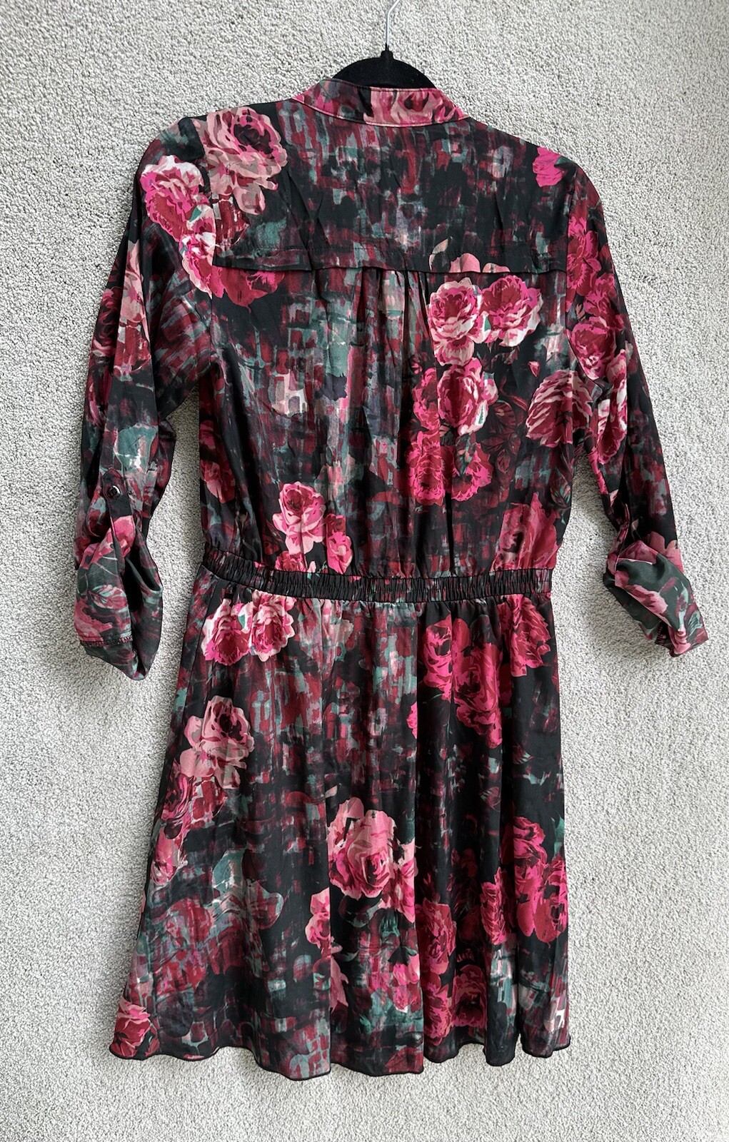R&B Dress Womens Large Red Multicolor Floral Roll Tab Sleeve Button