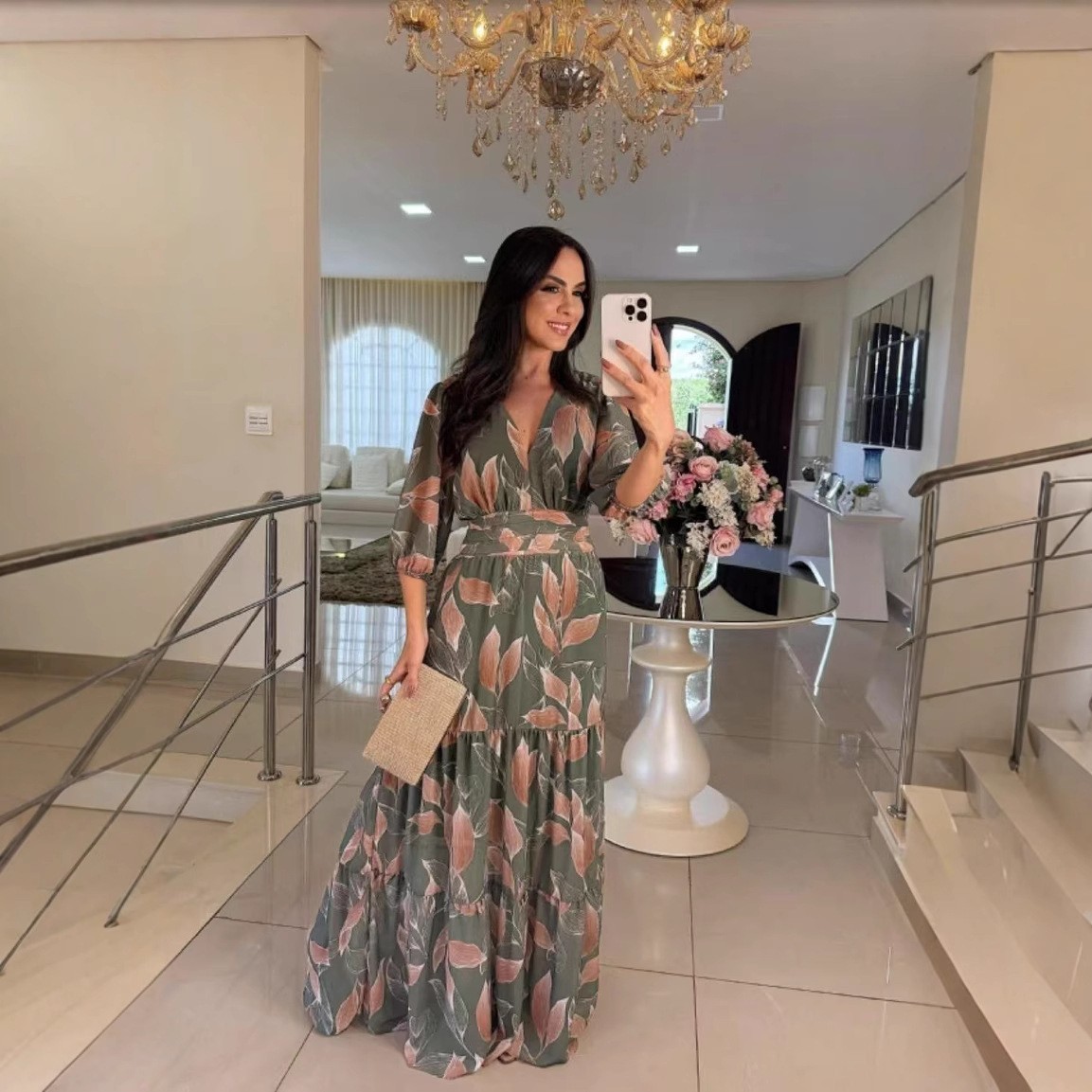 LELGANT FLORAL Maxi Dress WOMEN Summer V Neck Polyester Casual Beach Long Dress