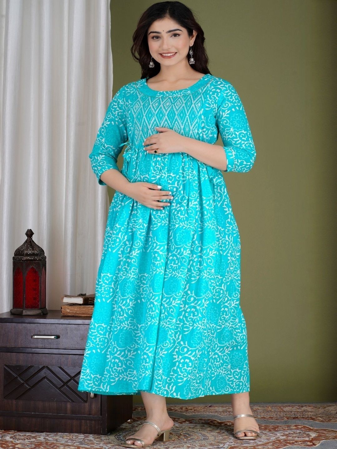 Handmade Floral Cotton Maternity Dress : Nursing Friendly Gown With Side Zipper