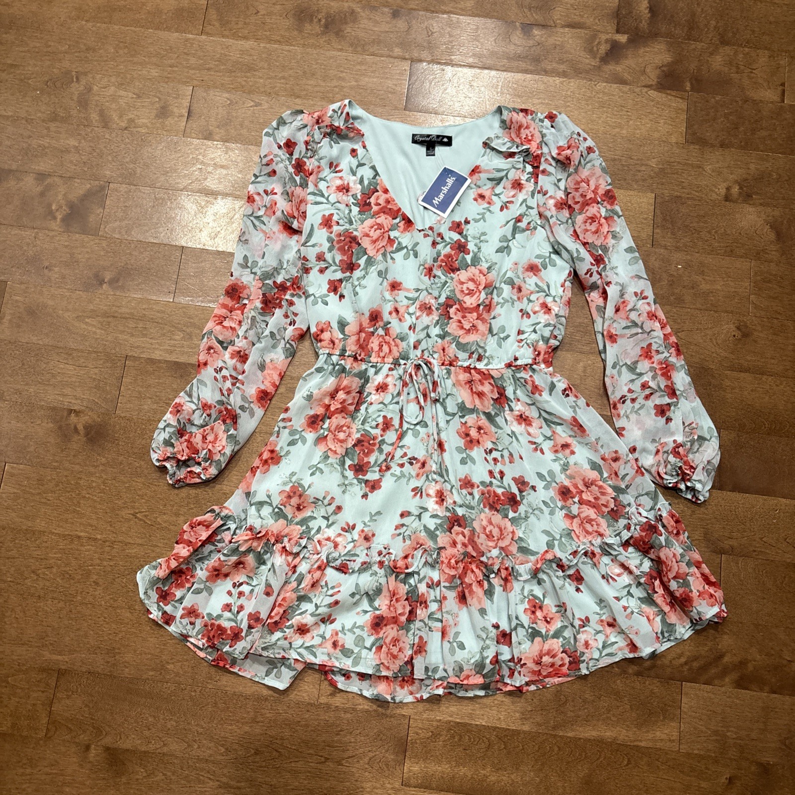 Crystal Doll S Mint Green Pink Floral Long Sleeve Chiffon Ruffle Mini Dress
