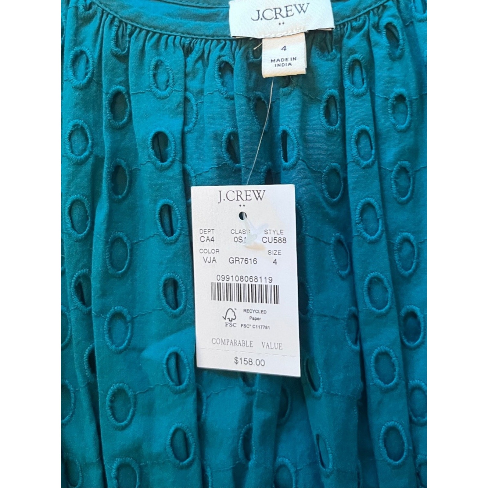 NWT JCrew Factory Belted Eyelet Midi Dress in a Beautiful Vivid Jade Color