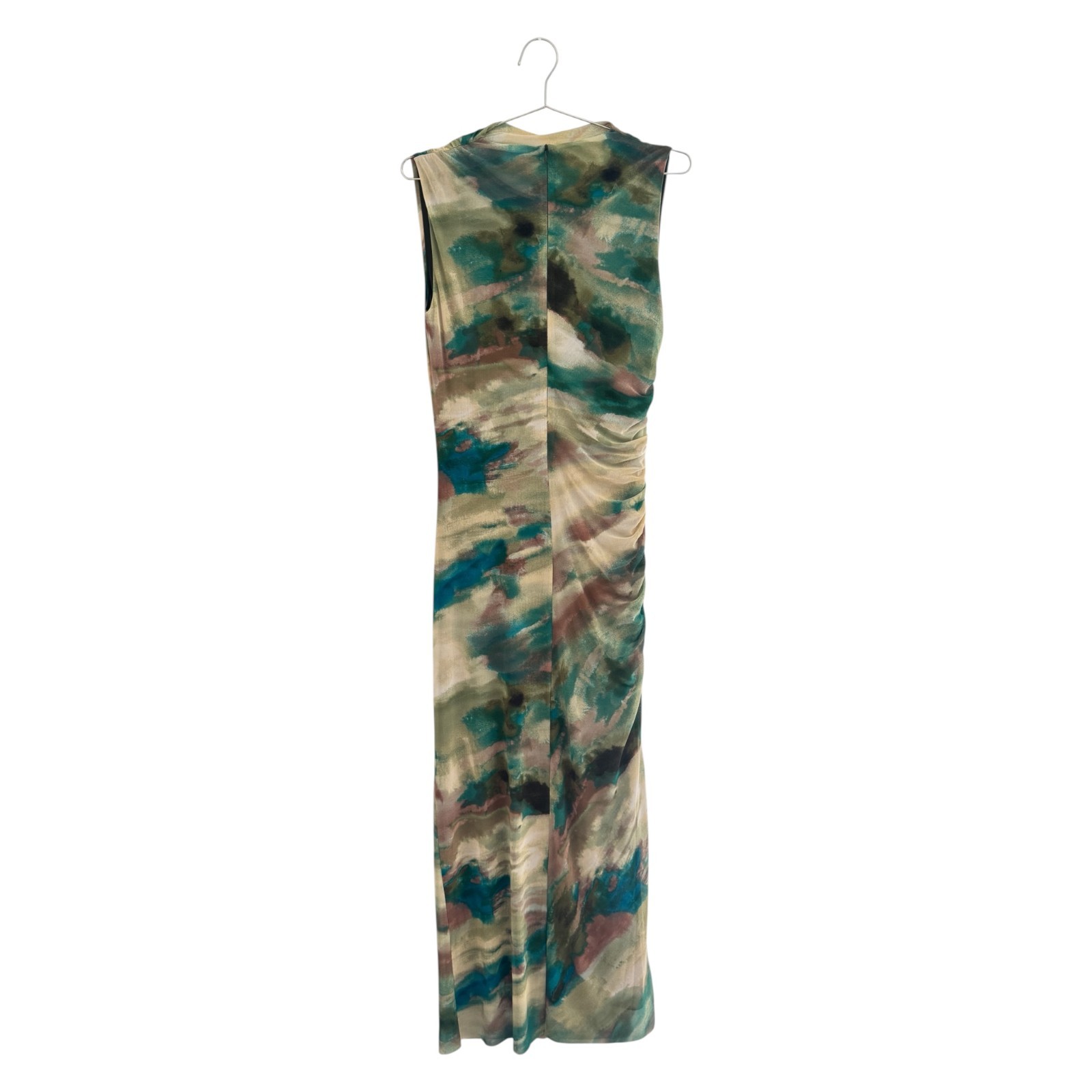 Socialite Ruched Sleeveless Abstract Watercolor Mesh Dress in Olive/Teal Size M