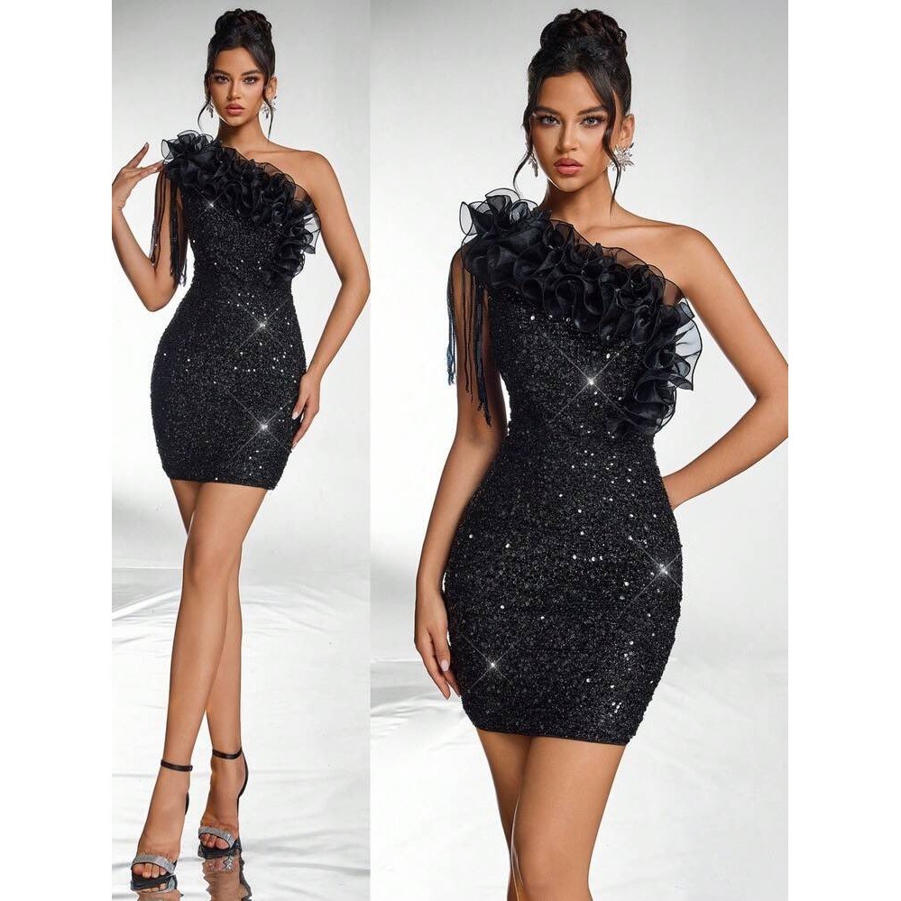 (A3) SHEIN Belle Black Sequin One Shoulder Ruffle Mini Dress Womens Size M NWT