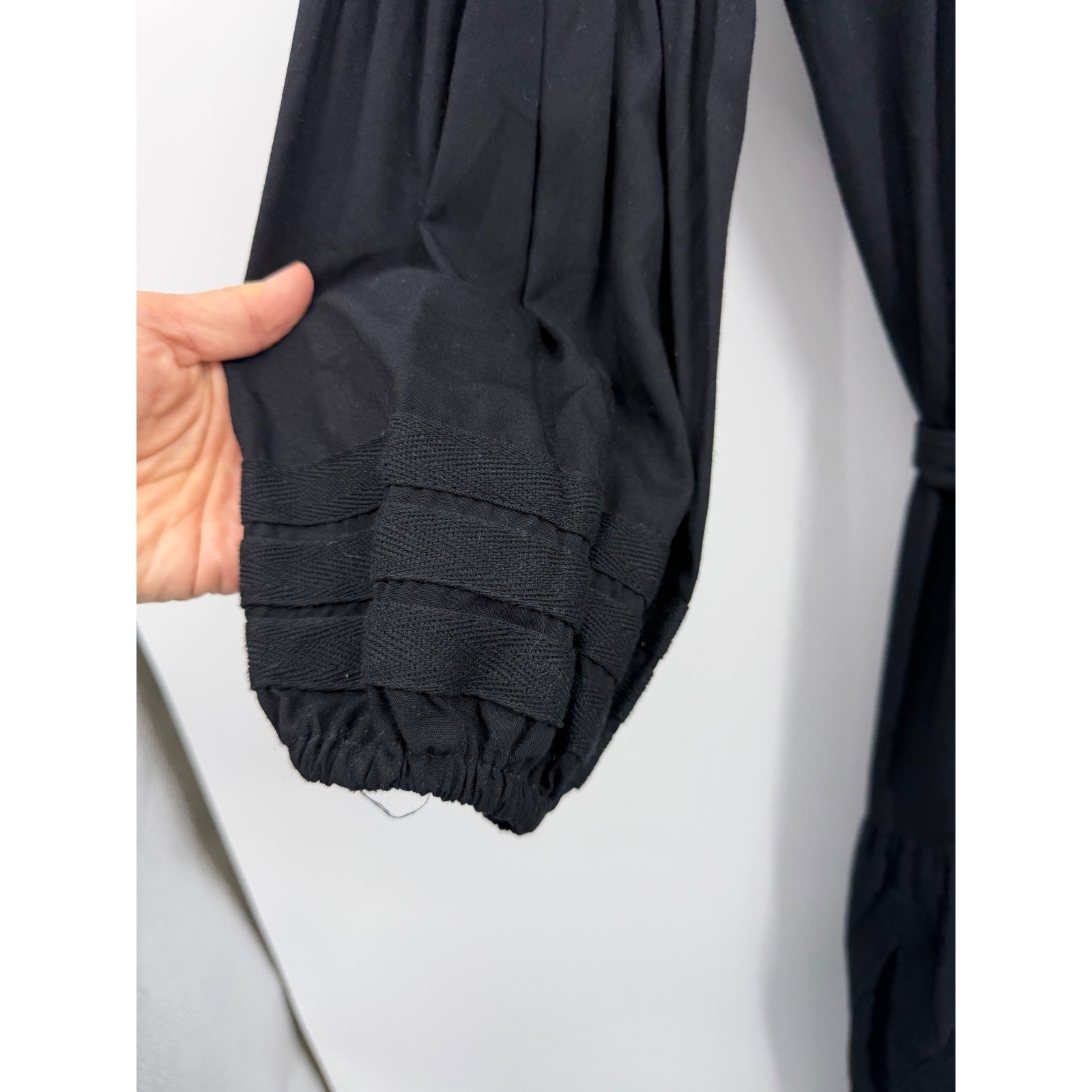 And Andrea Boho Tassel Midi Dress Womens XXS-S Black Embroidered Balloon Sleeve