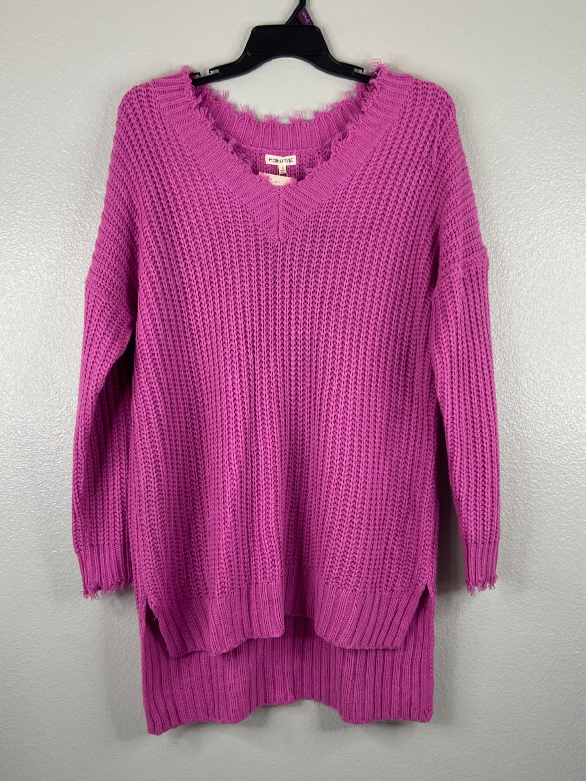 Main Strip Women Small Pink Sweater Dress Oversized Frayed Trim Casual High Low