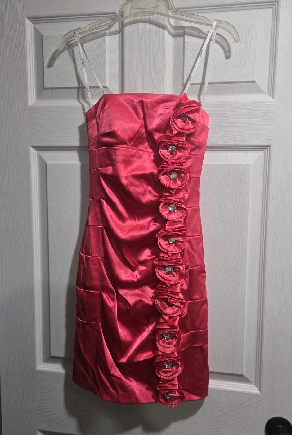 Women’s Pink Satin Strapless Sweetheart Mini Dress S Ruffle Rhinestone Accents