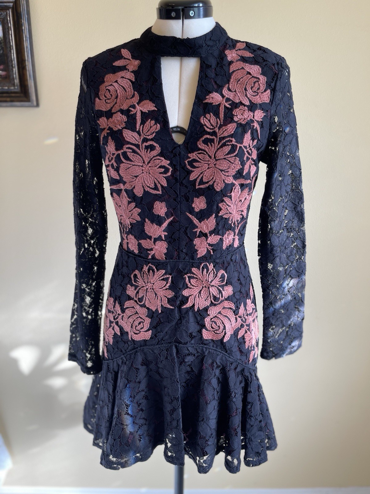 NWT Gianni Bini Claudia Dress XS Black Pink Lace Embroidered Mini Dress