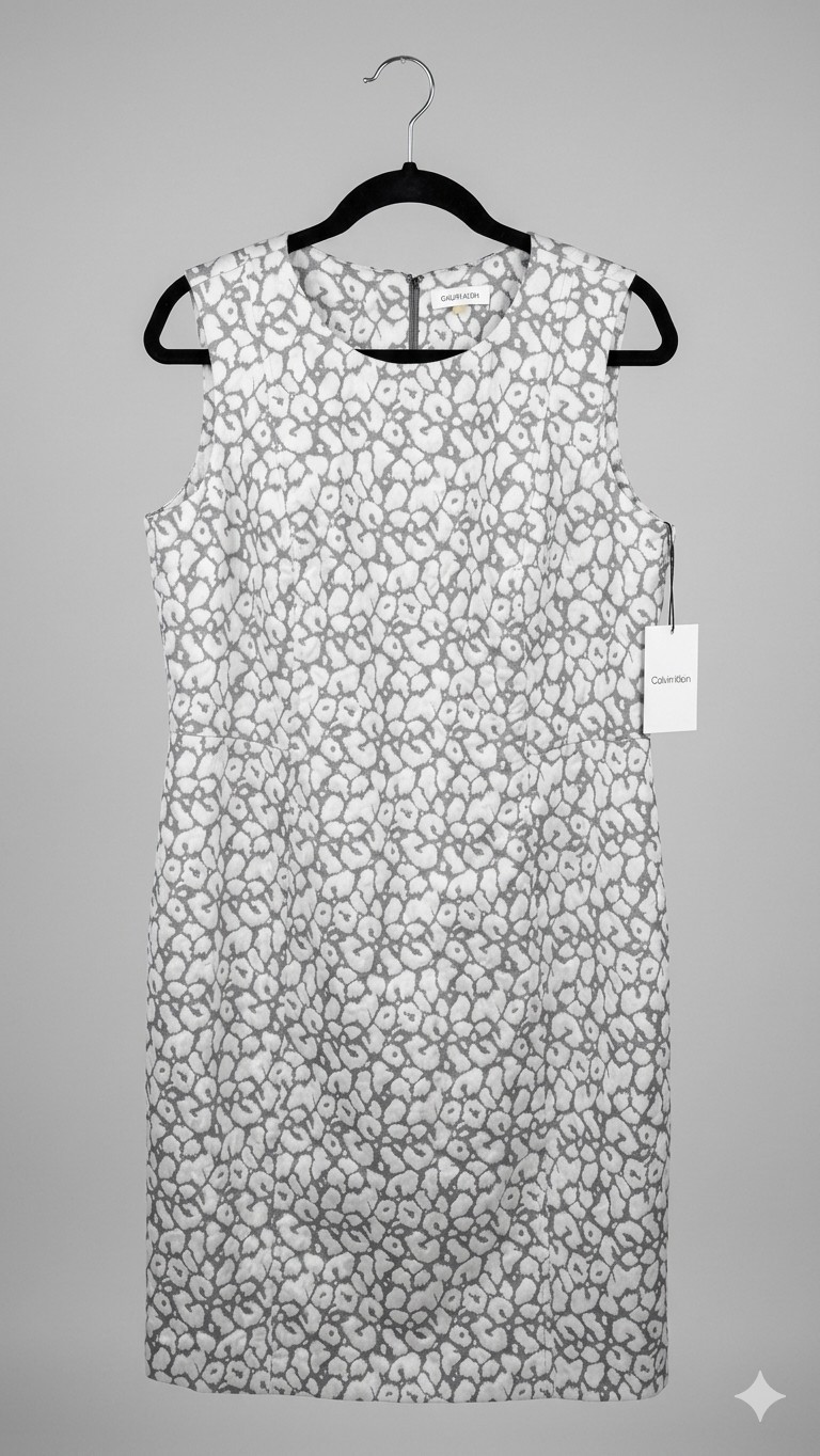 Calvin Klein S Floral Sheath Dress Gray White Knee Length Round Neck