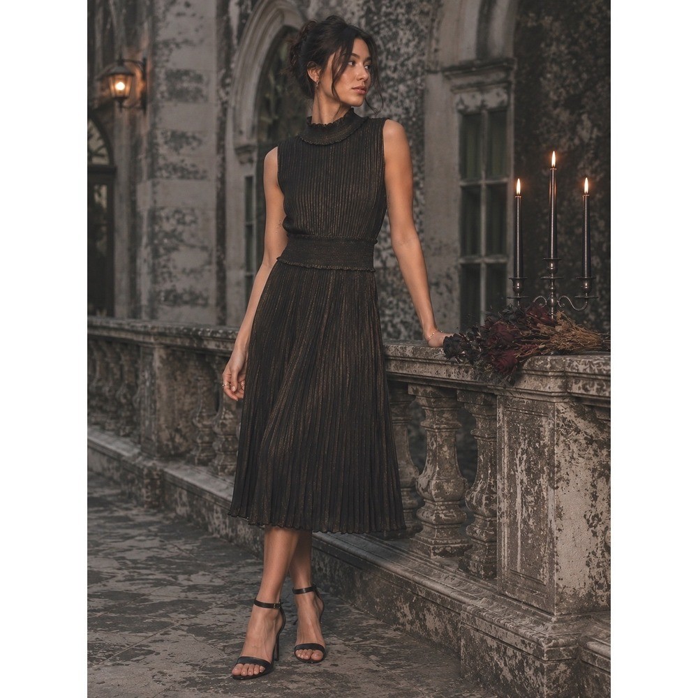 Nanette Lepore Pleated Smocked Midi Dress Gold Black Size 10 Cocktail Formal