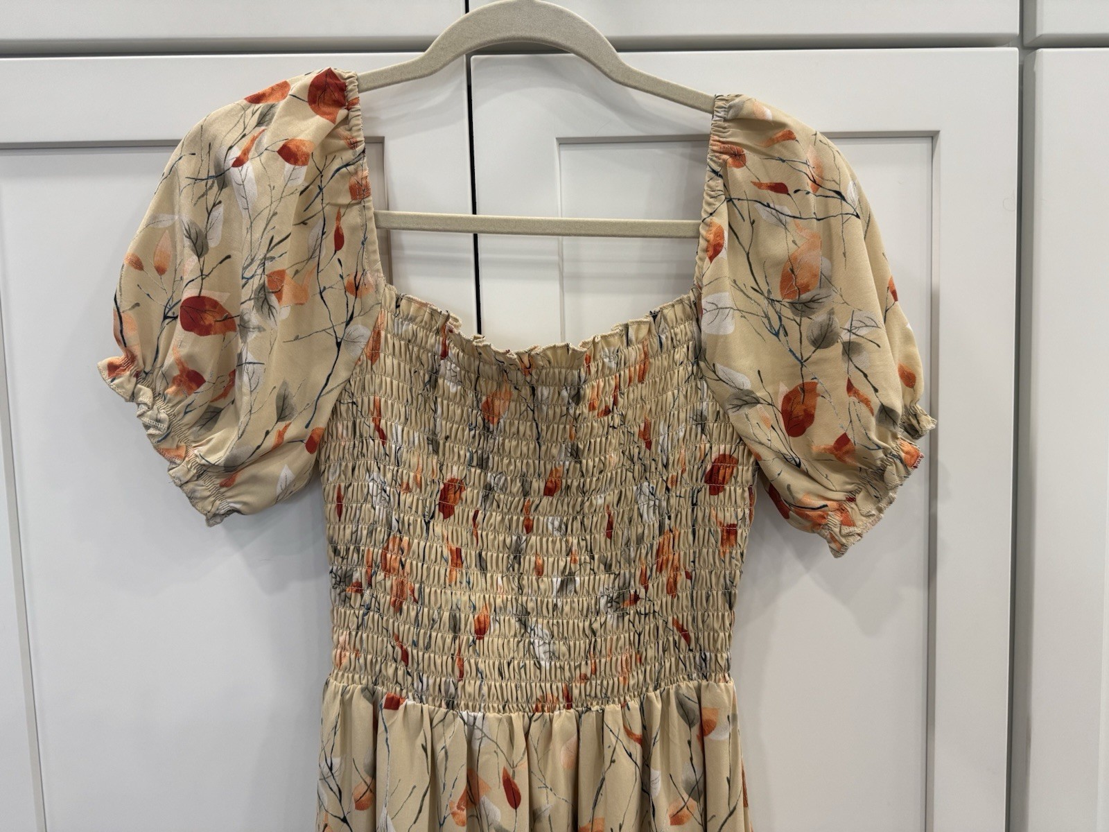 Baltic Born Women’s S Beige Floral Smocked Square Neck Puff Sleeve Maxi Dress