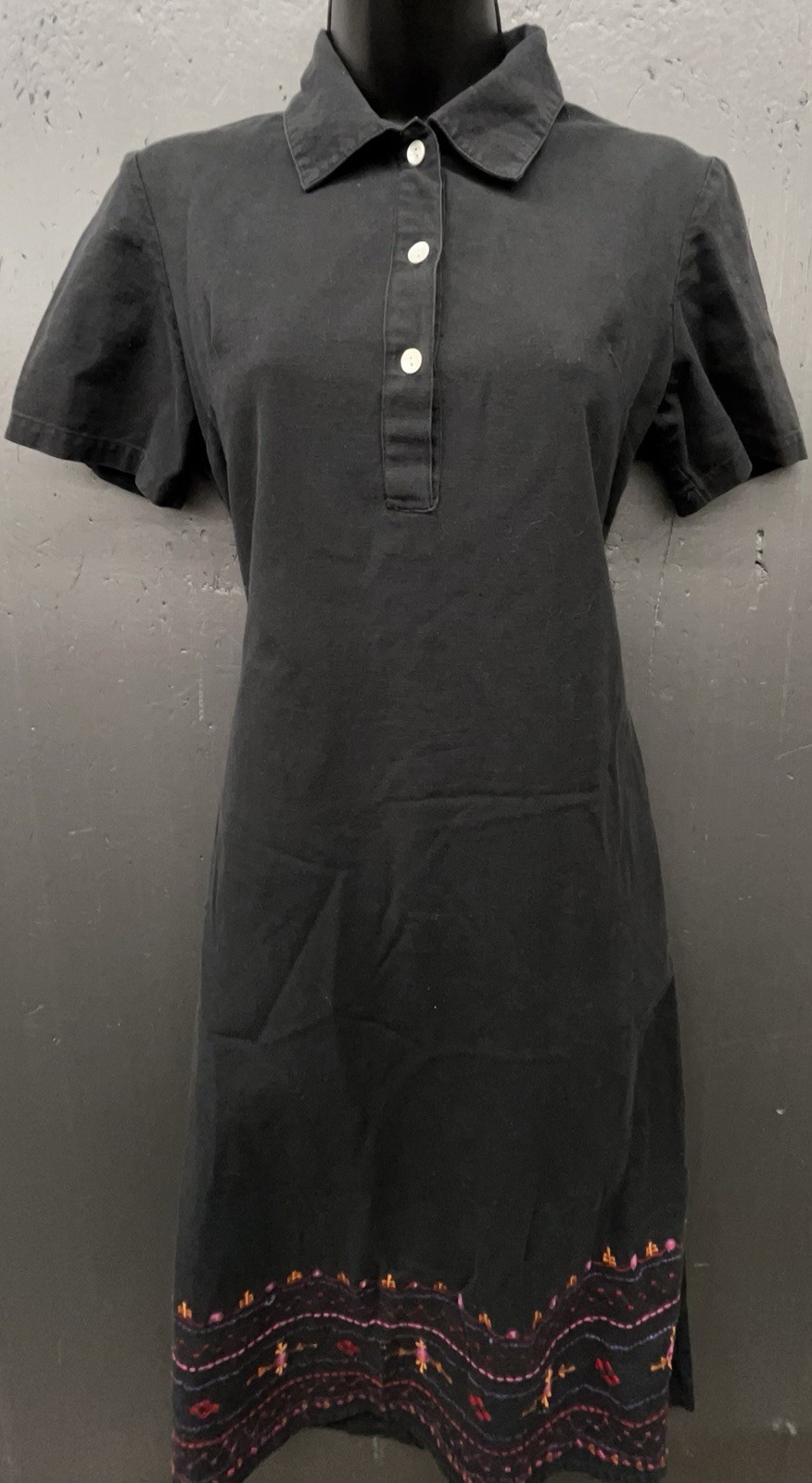 Women Dress M Black Cotton Embroidered Collared Pockets Cottage Peasant Boho