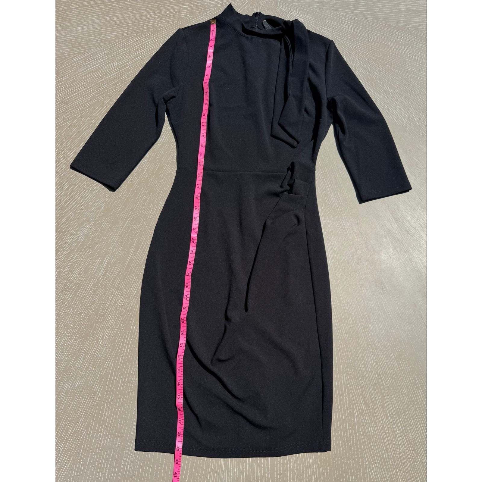 MIUSOL Black Mock Neck Dress with Side Tie Scarf & Ruching – Size M