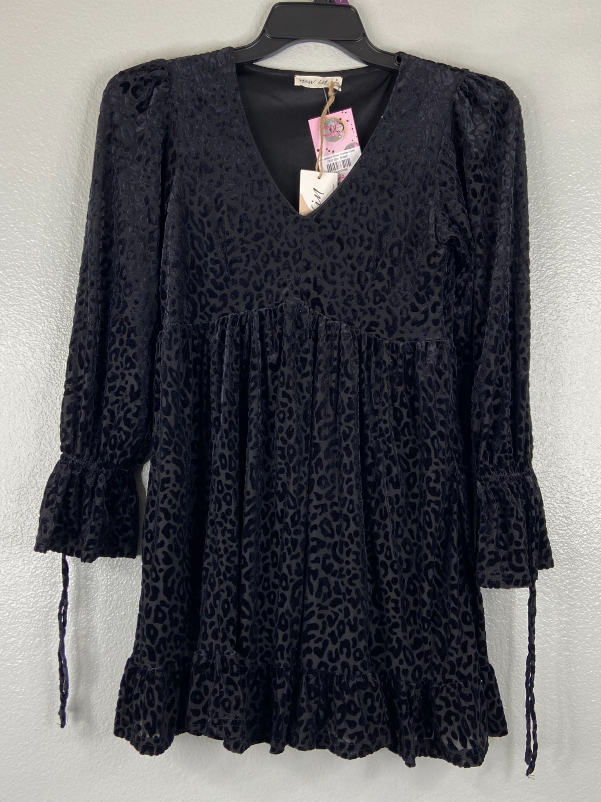 New In Collection Women Small Mini Dress Black Leopard Pattern Flow Skirt NWT