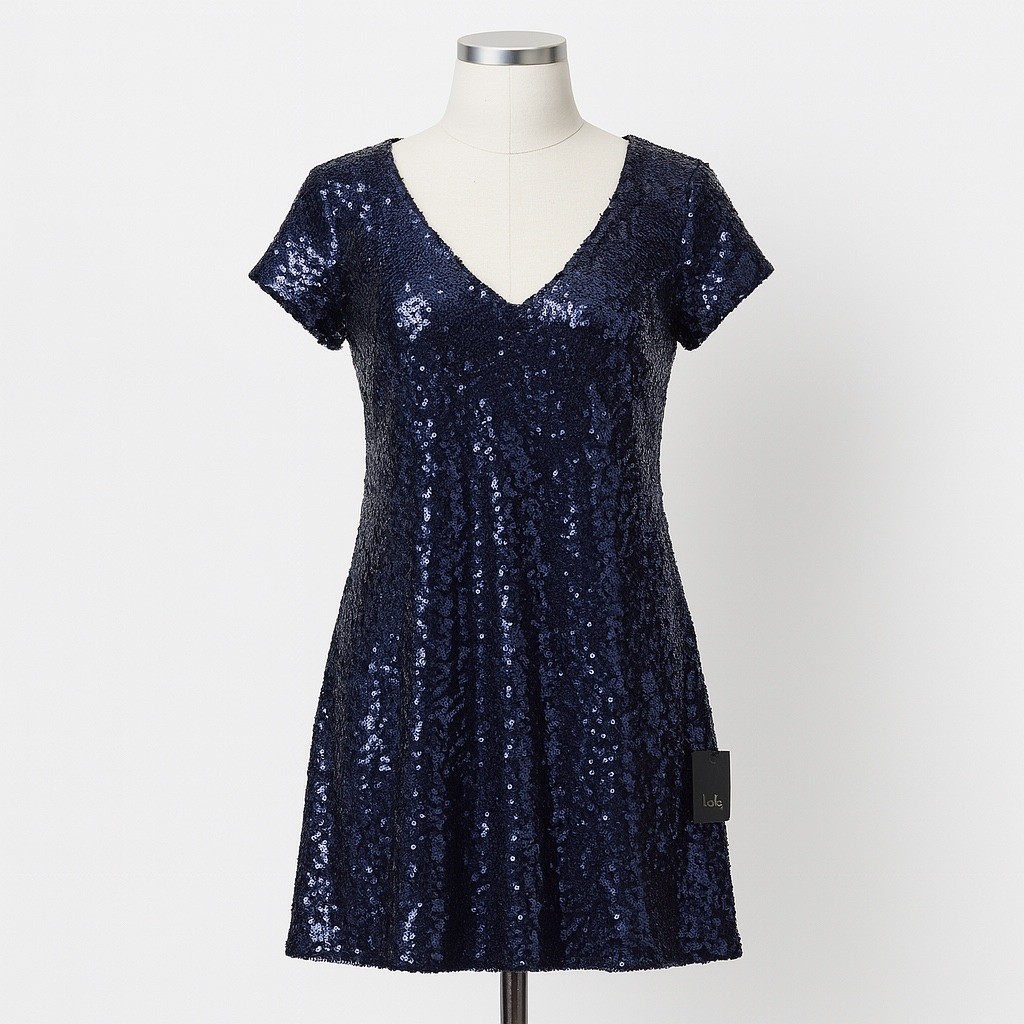 Lulus Sequin T-Shirt Mini Dress Womens XS Navy Blue V Neck Party Cocktail
