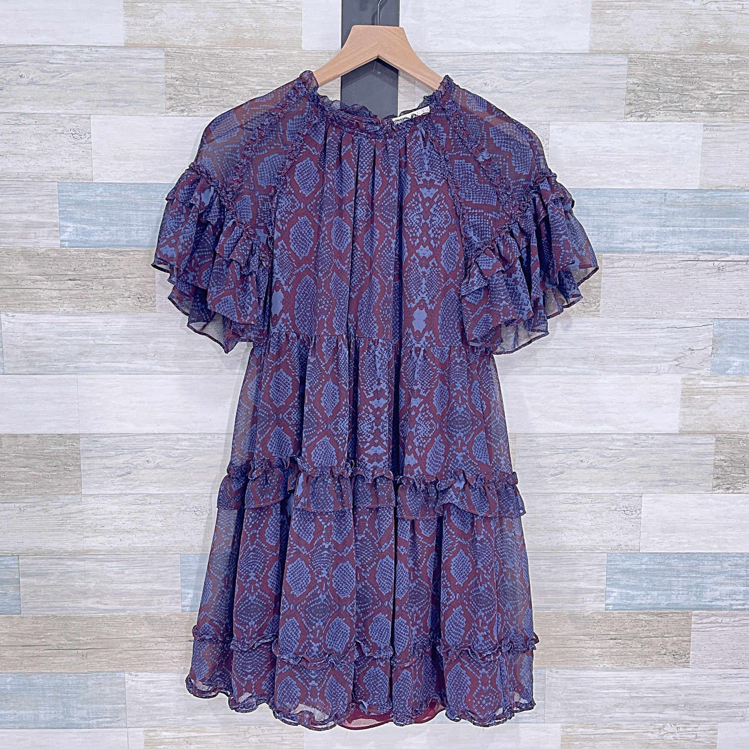 Karlie Snake Print Chiffon Ruffle Mini Dress Burgundy Blue Romantic Women Small