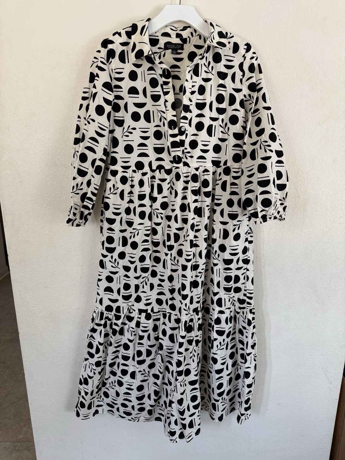 Rachel Zoe Dress With Pockets Small Tiered Black White Cotton Geometric Button S