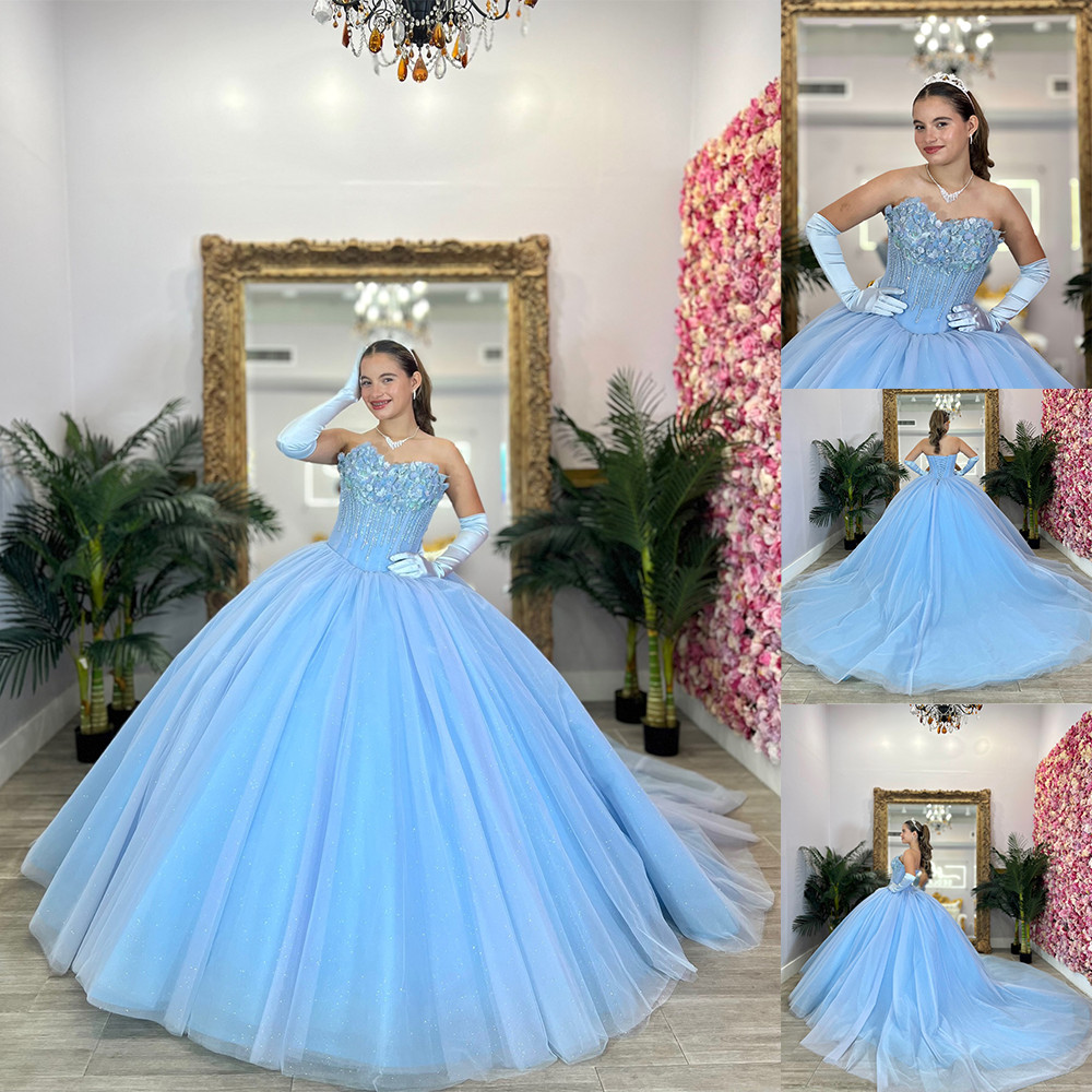Princess Beaded Sweet 15 16 Quinceanera Dresses for Girls Strapless Ball Gowns