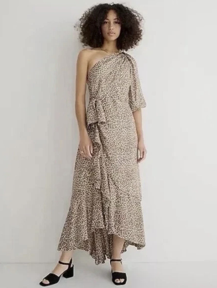 J. Crew Collection Tan Satin Leopard Print One Shoulder Dress, Size 12