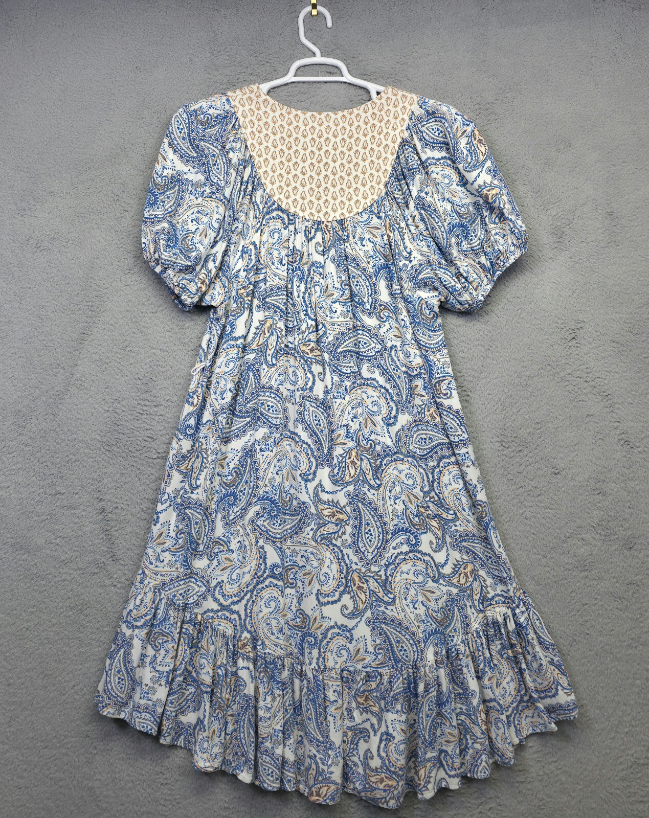 Lucky Brand Dress Womens M White Blue Puff Sleeve Paisley Flow Boho Tunic Short
