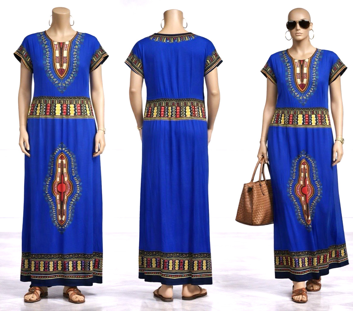 Jessica Taylor Women’s XL Blue Tribal Dashiki Maxi Dress Boho Ethnic Resort Plus