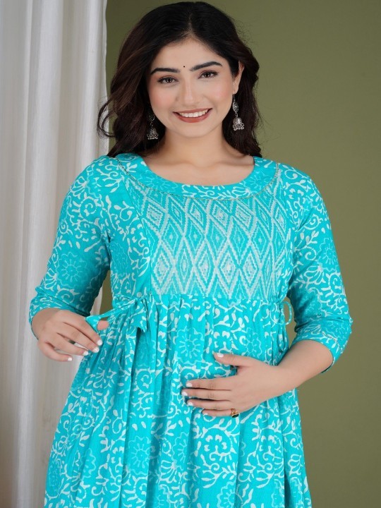 Handmade Floral Cotton Maternity Dress : Nursing Friendly Gown With Side Zipper