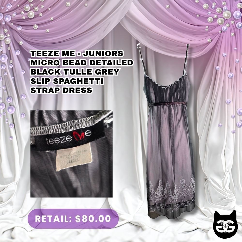 Vtg Y2K Teeze Me Sheer Grey Tulle Slip Dress Silver Embroidery junior Small