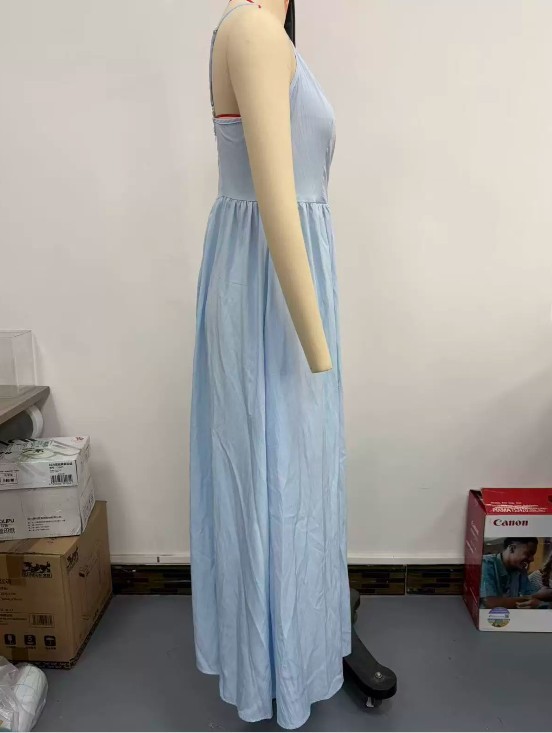 Women’s V-Neck Spaghetti Strap Maxi Dress Elegant A-Line Dress with Pockets