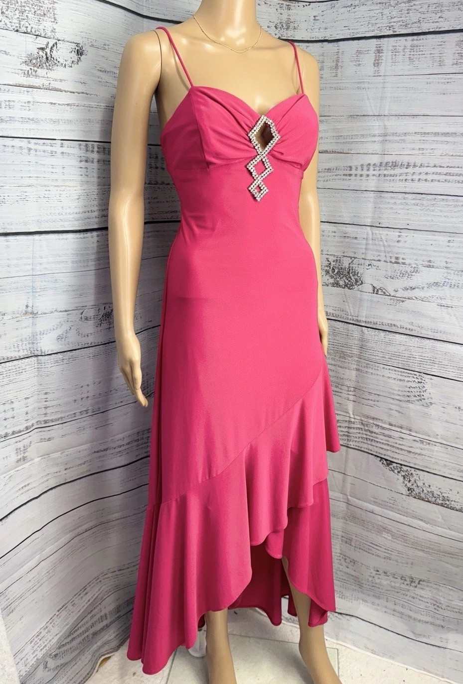 VTG Fiesta M Hot Pink Rhinestone Ruffle Hem Dress Asymmetrical Y2K