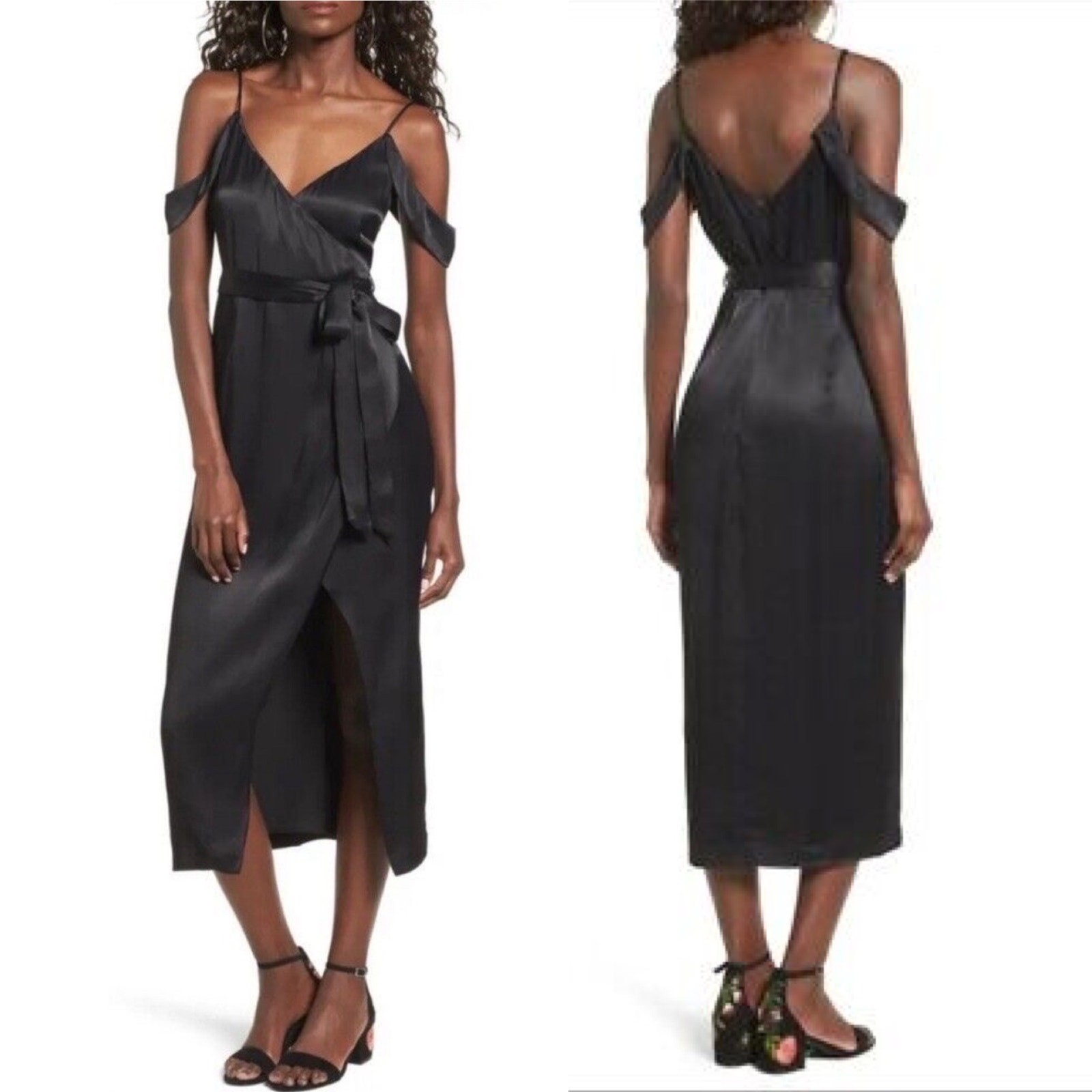 Bardot Leah Black Satin Off The Shoulder Tie Waist Midi Wrap Dress 6