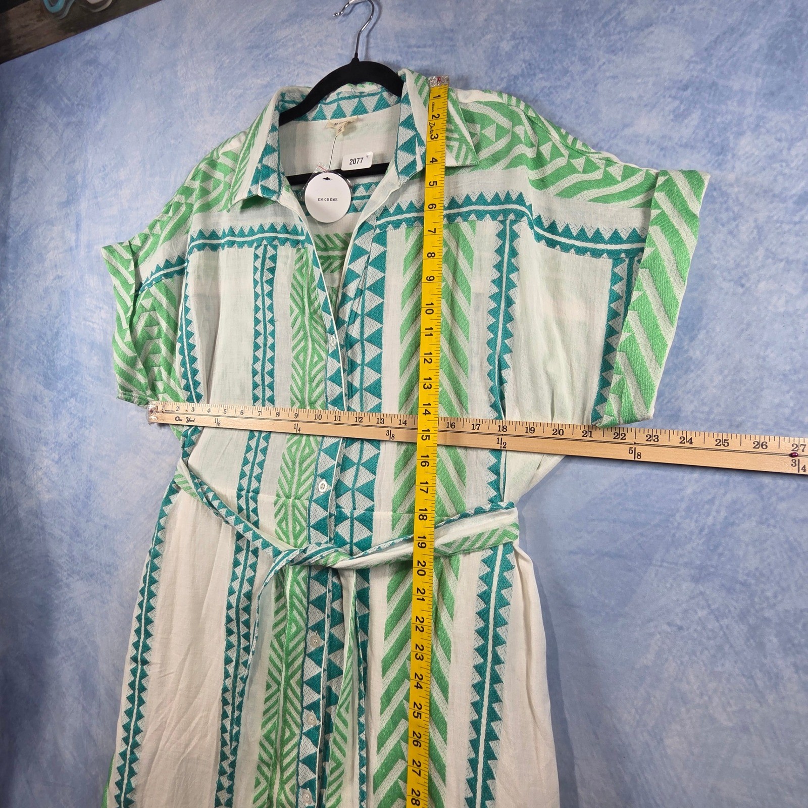 En Creme Green Geometric Aztec Print Midi Shirt Dress Belted NWT Size L