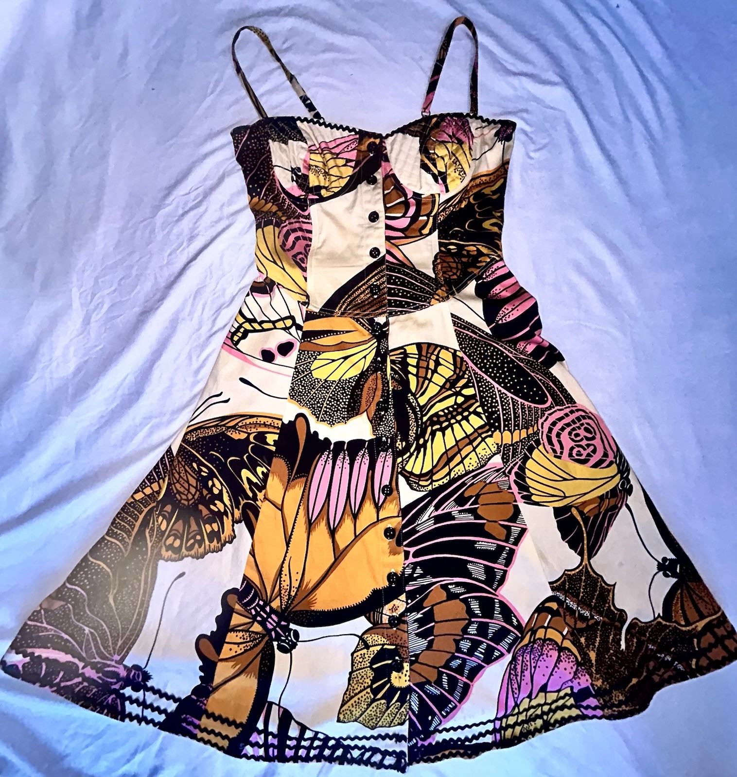 Betsey Johnson Y2K Butterfly Print Fit & Flare Dress 2 Sweetheart Button Front