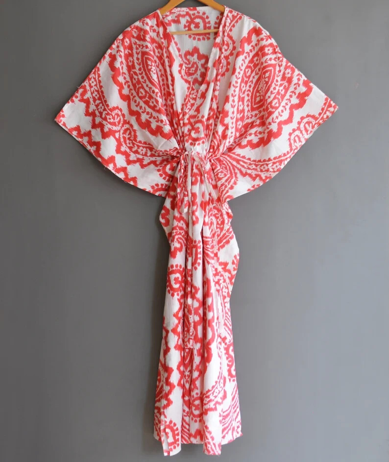 Indian Vintage 100% Cotton Long Beach Maxi Kaftan Dress One Size Caftan Kimono