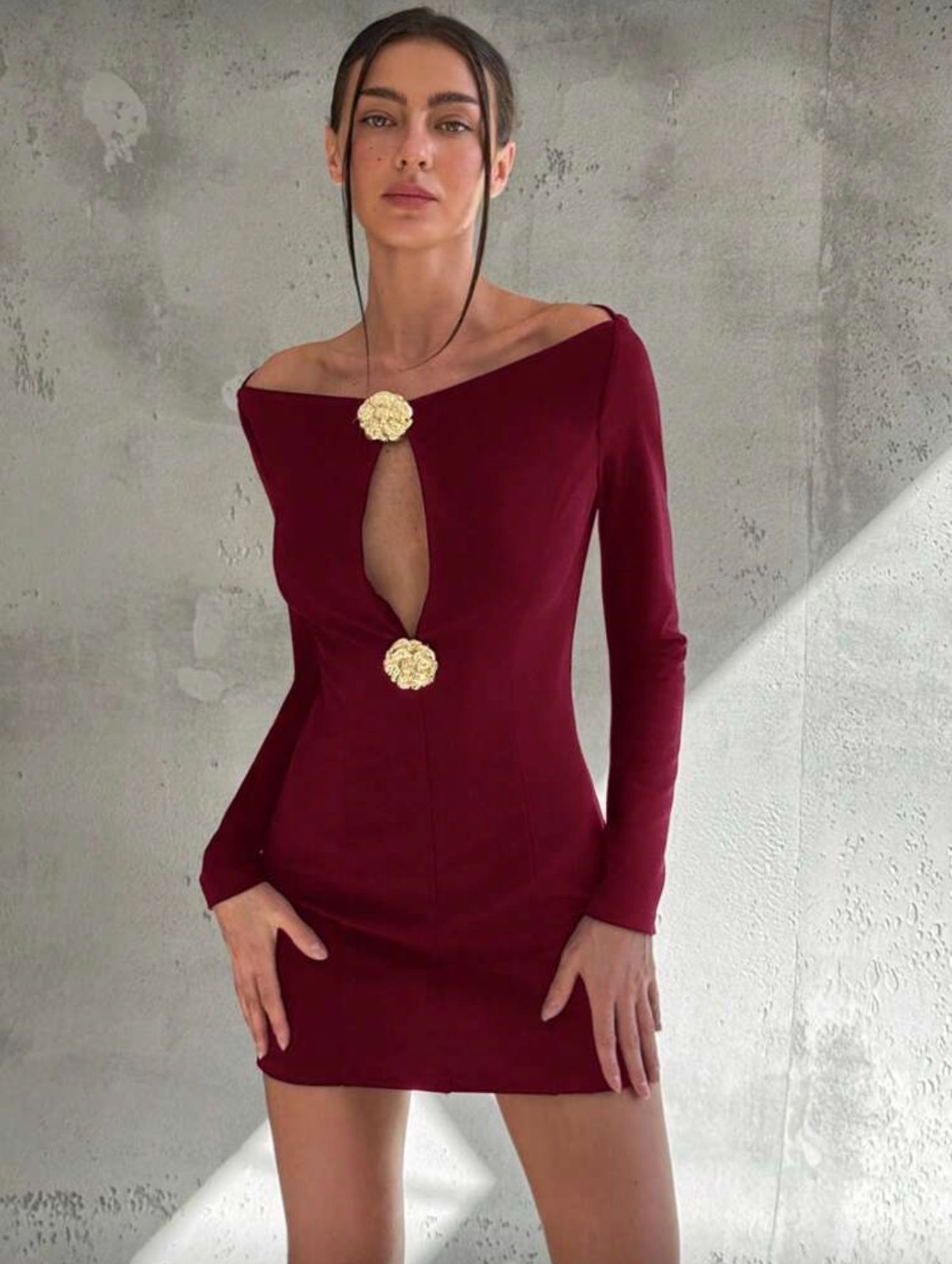 Chic Fall/Winter Mini Dress with Chest Cutout, Boat Neckline, and Metal Buckle