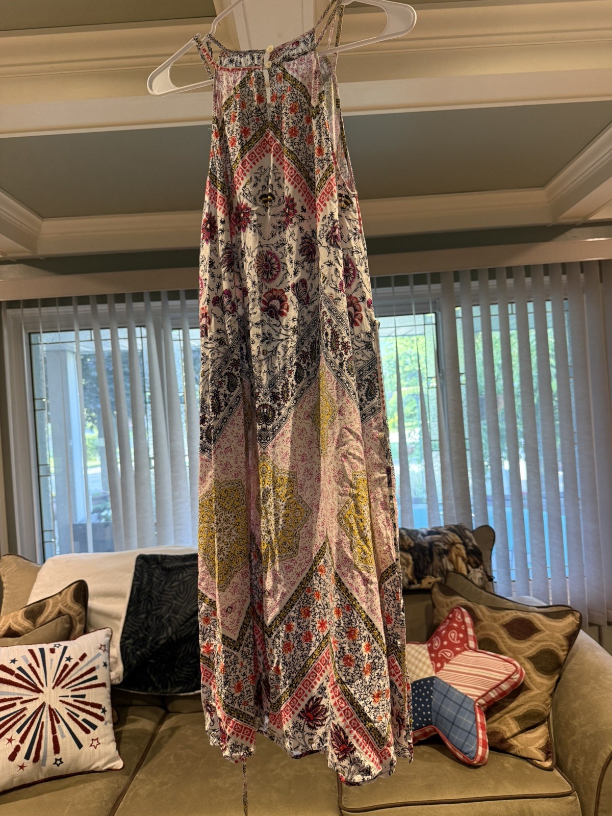 Loft Tapestry-Print Halter Dress Large Petite Boho Lightweight Cruise