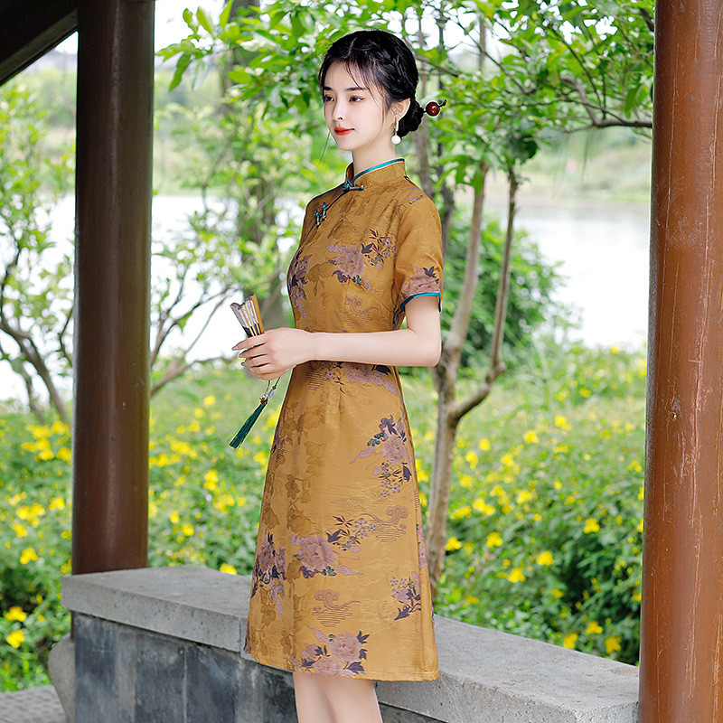 Lady Cheongsam Qipao Dress Knee Length Jacquard Floral Tassel Frog Button Ethnic