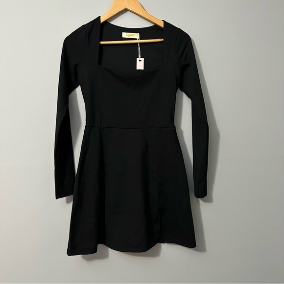 Qinsen Black Golfcore Mini Dress Long Sleeve Square Neck Fit Flare M Prepy Golf
