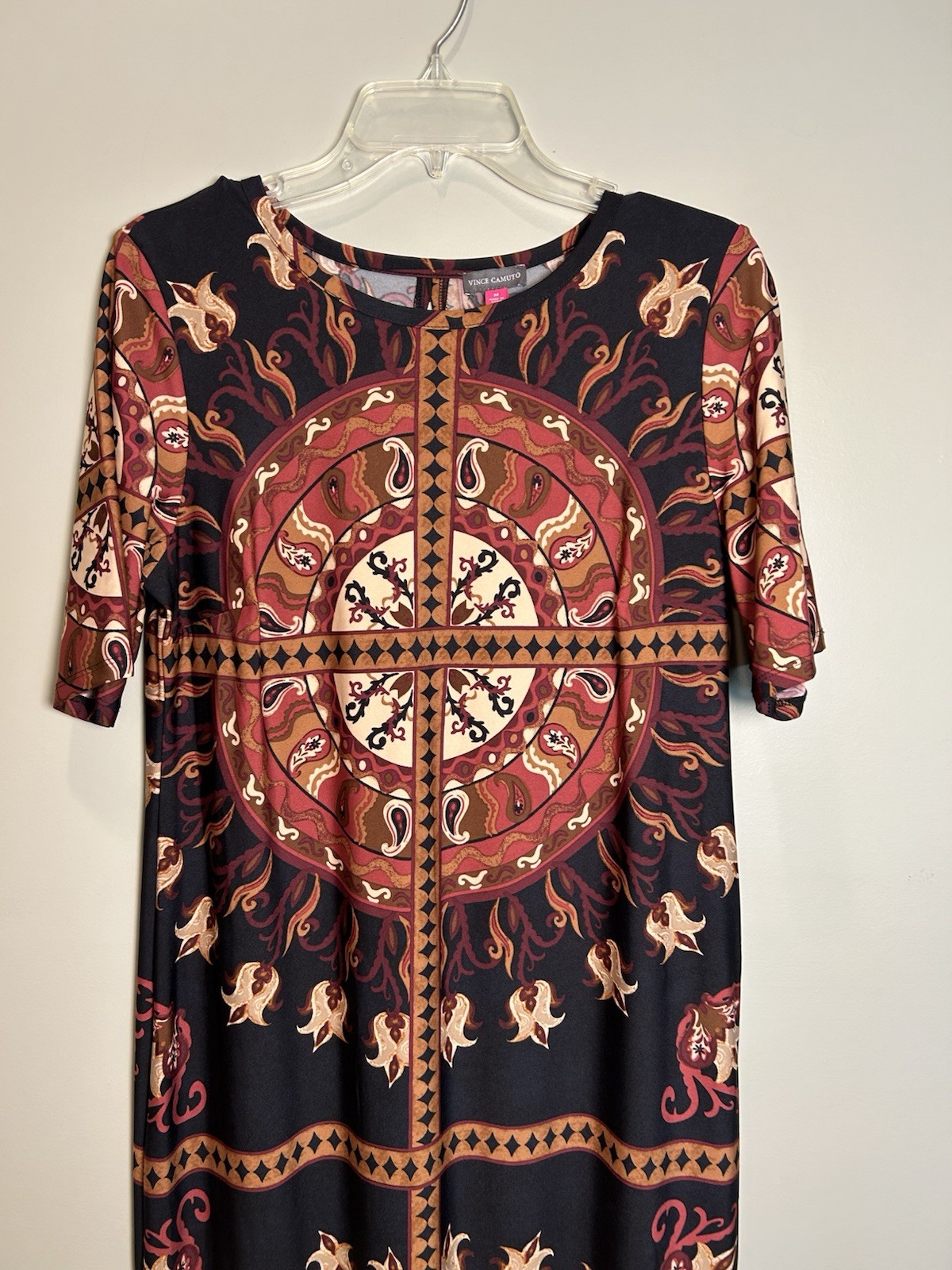 Vince Camuto Women’s M Long Shift Dress Short Sleeve Round Neck Paisley Black
