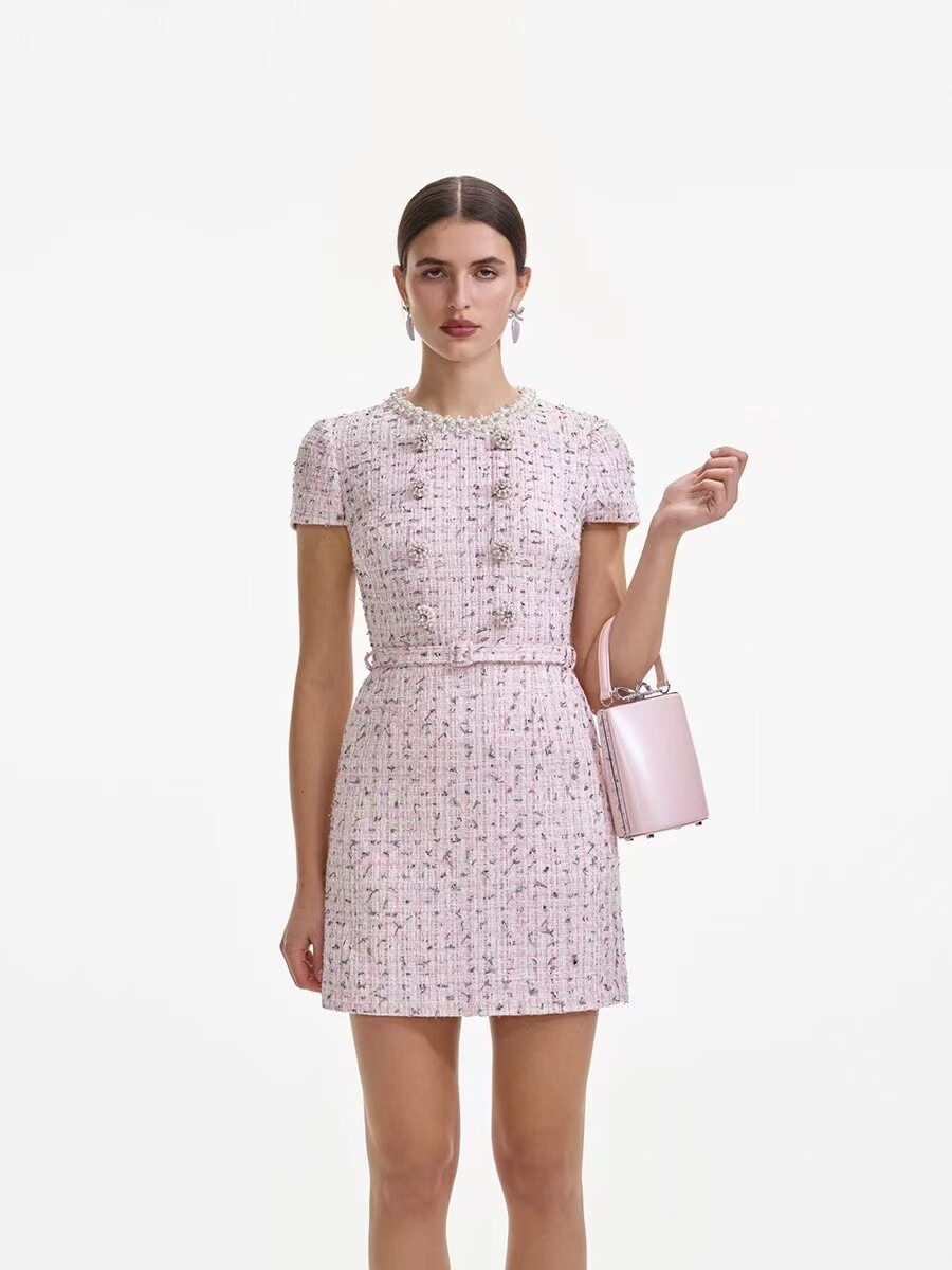 Self-Portrait tweed beading pink Crew neck dress Dresses