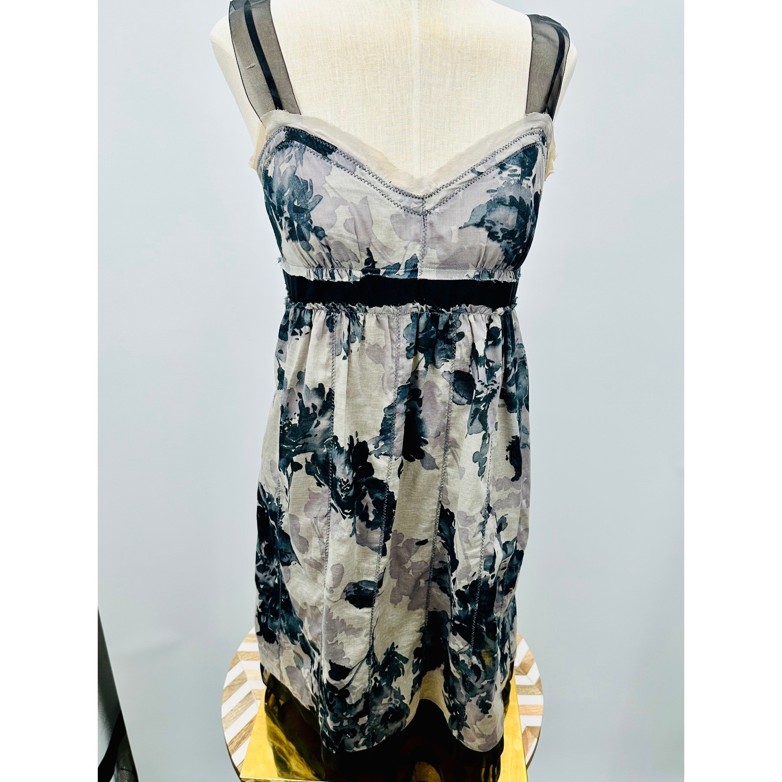 LOFT Floral Print Midi Dress 4P Sheer Straps Empire Waist Coquette Fairy BL Ink