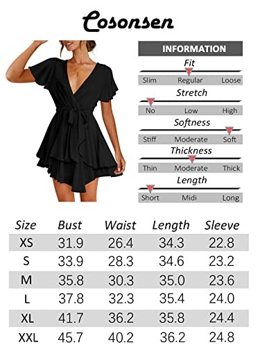 Cosonsen Womens Party Dress Short Sleeve Deep V-Neck Tie Waist Mini Dress Pink